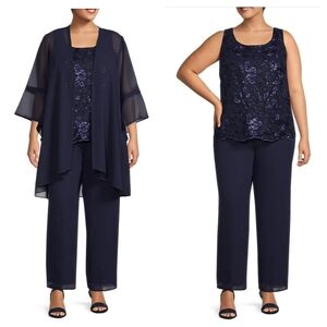 Le Bos Georgette 3/4 Bell Sleeve Embroidered Sequin 3-Piece Pant Jacket Set